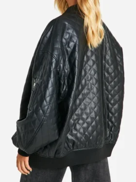 Faux Leather Quilted Bomber Jacket Back
