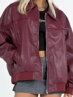 Goldsmith Faux Leather Bomber Jacket Burgundy