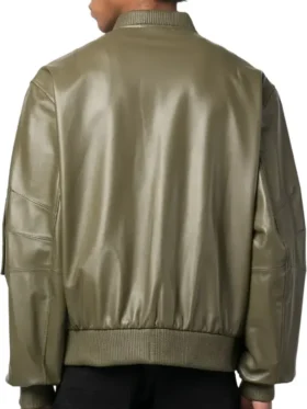 Green Faux Leather Bomber Jacket Back