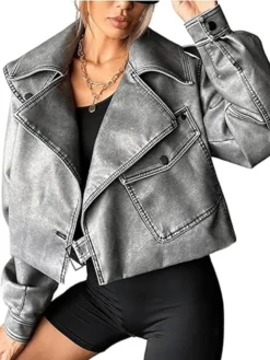 Grey Cropped Leather Jacket