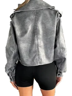 Grey Cropped Leather Jacket Back