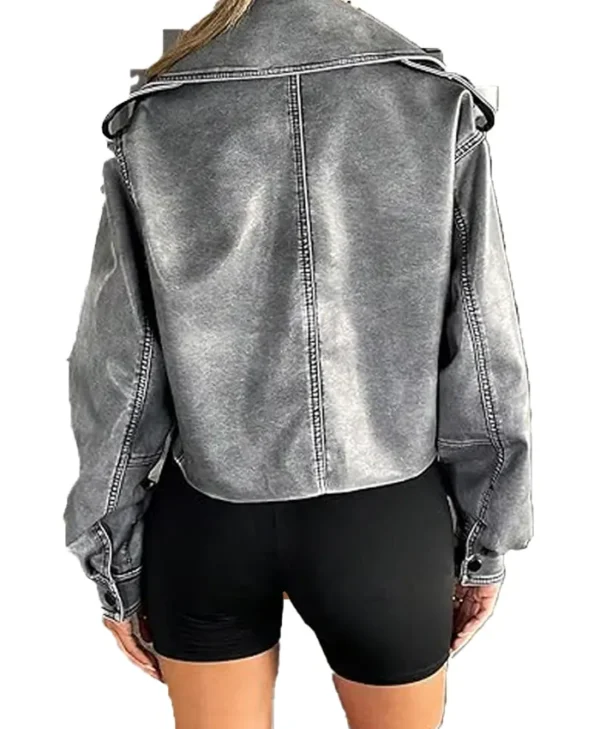 Grey Cropped Leather Jacket Back