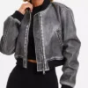 Grey Faux Leather Bomber Jacket