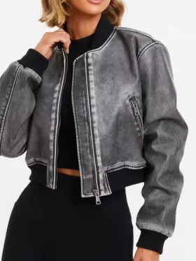 Grey Faux Leather Bomber Jacket
