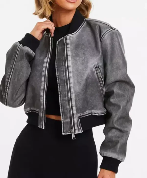 Grey Faux Leather Bomber Jacket