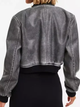Grey Faux Leather Bomber Jacket Back