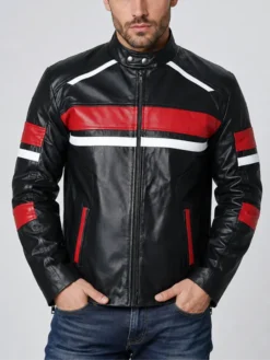 Med Red Striped Cafe Racer Biker Jacket