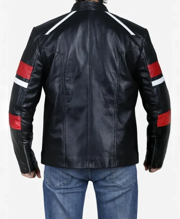 Med Red Striped Cafe Racer Biker Jacket Back