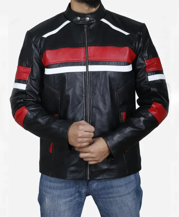 Med Red Striped Cafe Racer Biker Jacket Main