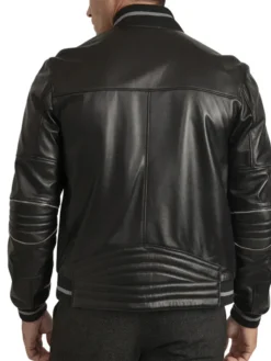 Mens Black Grey Stripes Bomber Leather Jacket Back