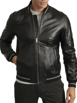 Mens Black Grey Stripes Bomber Leather Jacket Closure
