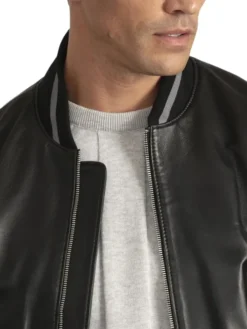 Mens Black Grey Stripes Bomber Leather Jacket Collar