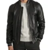 Mens Black Grey Stripes Bomber Leather Jacket Main