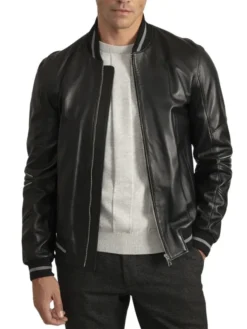 Mens Black Grey Stripes Bomber Leather Jacket Main