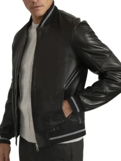Mens Black Grey Stripes Bomber Leather Jacket Side