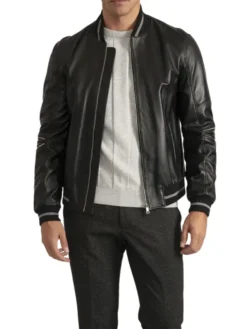 Mens Black Grey Stripes Bomber Leather Jacket Stand Up