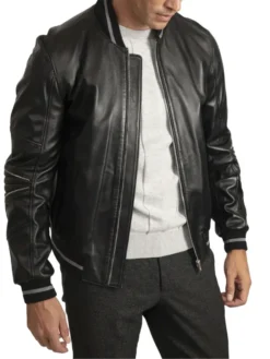 Mens Black Grey Stripes Bomber Leather Jacket Zipper