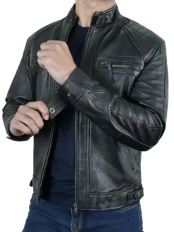 Mens Black Quilted Shoulder Cafe Racer Leather Jacket Cuffs