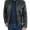 Mens Black Quilted Shoulder Cafe Racer Leather Jacket Main