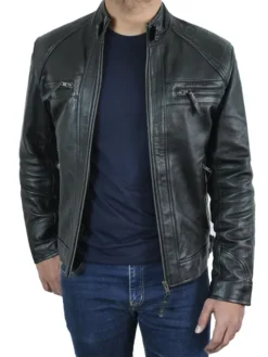Mens Black Quilted Shoulder Cafe Racer Leather Jacket Main