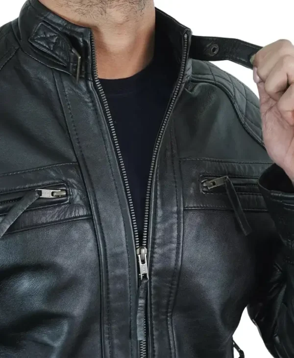 Mens Black Quilted Shoulder Cafe Racer Leather Jacket Snap
