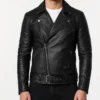 Mens Black Real Leather Asymmetrical Biker Jacket