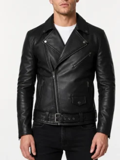 Mens Black Real Leather Asymmetrical Biker Jacket