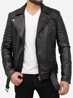 Men's Black Real Leather Asymmetrical Biker Jacket Main