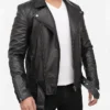 Mens Black Real Leather Asymmetrical Biker Jacket Side
