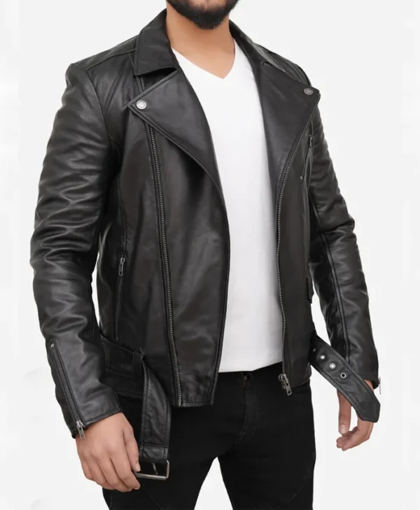 Mens Black Real Leather Asymmetrical Biker Jacket Side