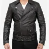 Mens Black Real Leather Asymmetrical Biker Jacket Zipper