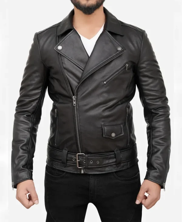 Mens Black Real Leather Asymmetrical Biker Jacket Zipper