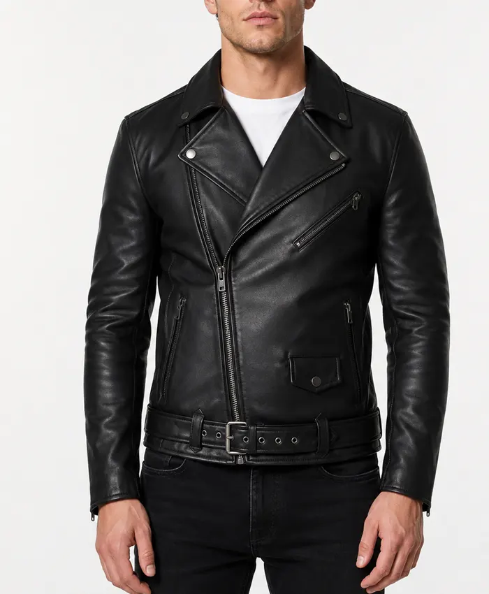 Mens Black Real Leather Asymmetrical Biker Jacket