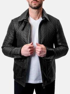 Mens Black Snakeskin Biker Leather Jacket Main