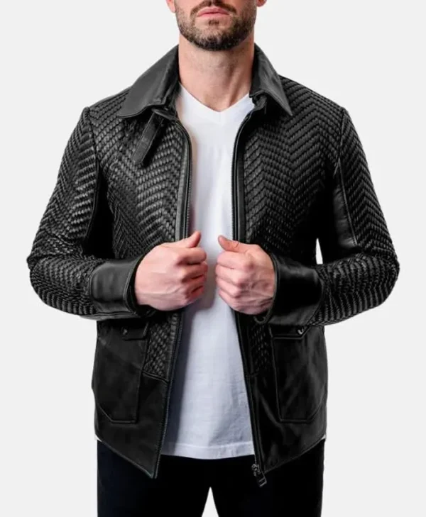 Mens Black Snakeskin Biker Leather Jacket Main