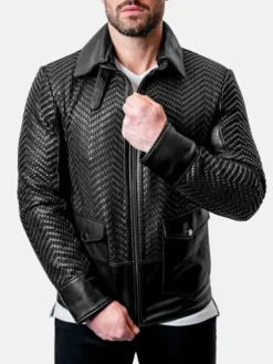 Mens Black Snakeskin Biker Leather Jacket Zipper