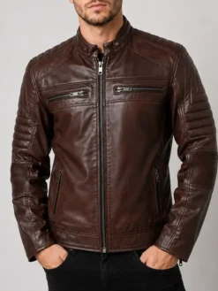 Men’s Brown Padded Leather Motorcycle Jacket Front
