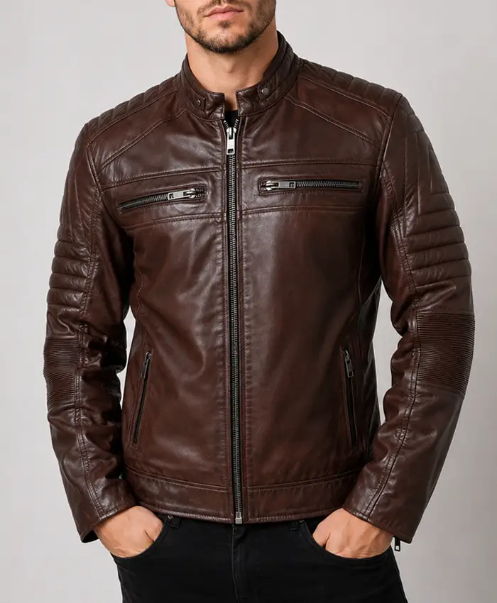 Men’s Brown Padded Leather Motorcycle Jacket Front