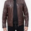 Mens Brown Padded Leather Motorcycle Jacket Main