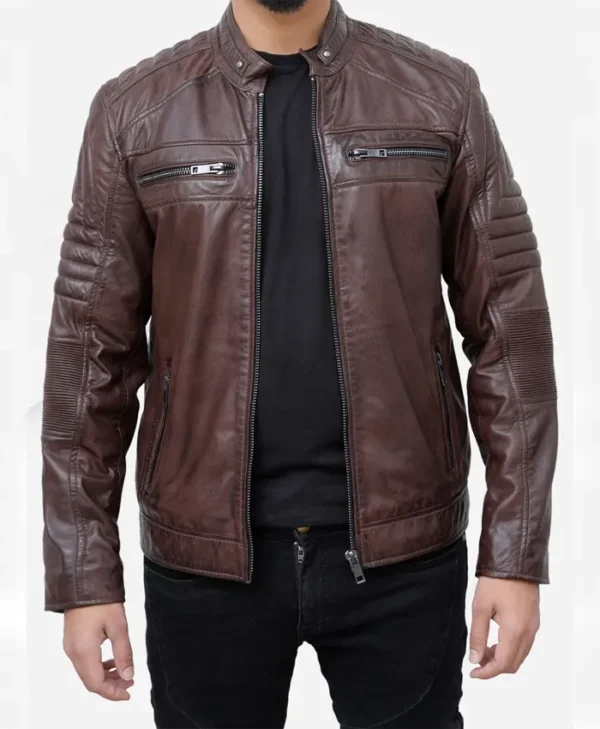 Mens Brown Padded Leather Motorcycle Jacket Main