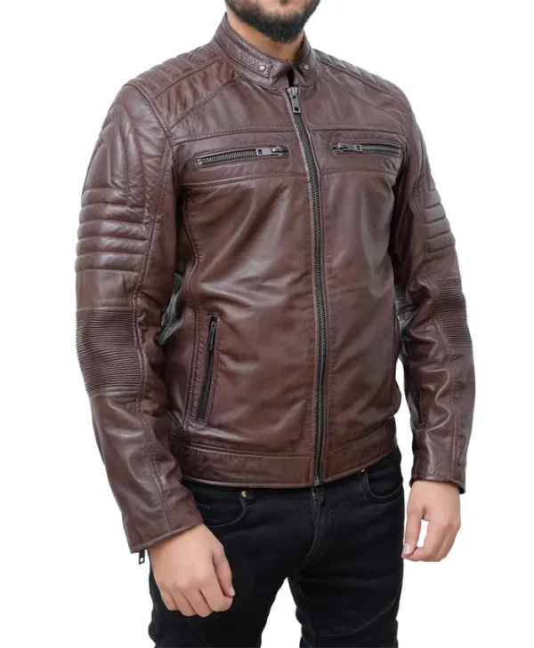 Mens Brown Padded Leather Motorcycle Jacket Side