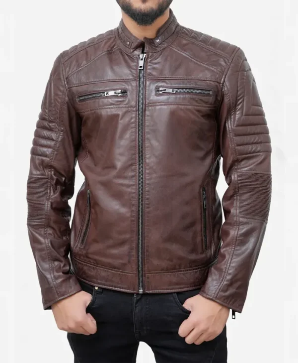 Mens Brown Padded Leather Motorcycle Jacket Zipper