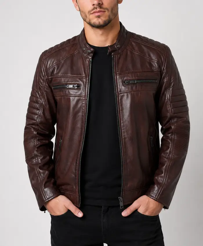 Men’s Brown Padded Leather Motorcycle Jacket