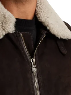Mens Brown Suede Leather Bomber Jacket With Shearling Collar 