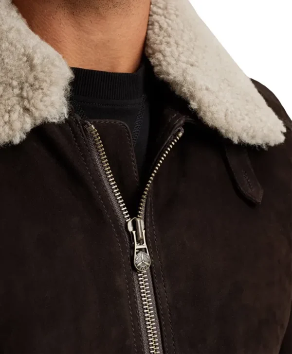 Mens Brown Suede Leather Bomber Jacket With Shearling Collar