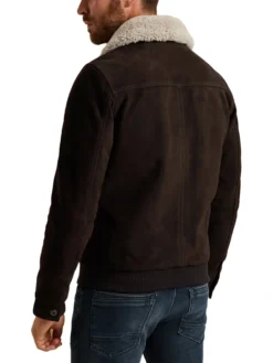Mens Brown Suede Leather Bomber Jacket With Shearling Collar Back