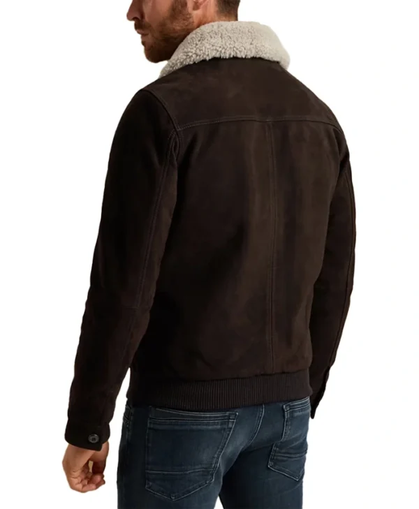 Mens Brown Suede Leather Bomber Jacket With Shearling Collar Back