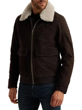 Men's BroMen's Brown Suede Leather Bomber Jacket With Shearling Collar Frontwn Suede Leather Bomber Jacket With Shearling Collar Front