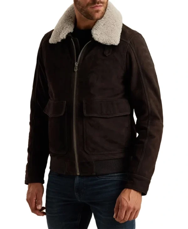 Mens Brown Suede Leather Bomber Jacket With Shearling Collar Front
