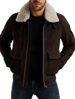 Mens Brown Suede Leather Bomber Jacket With Shearling Collar Main